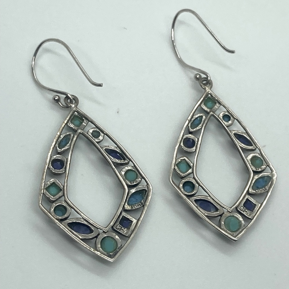 Vtg 925 Sterling Silver & Multi Colour Blue Turqouise Dangle Earrings | 2.2” - Picture 8 of 13
